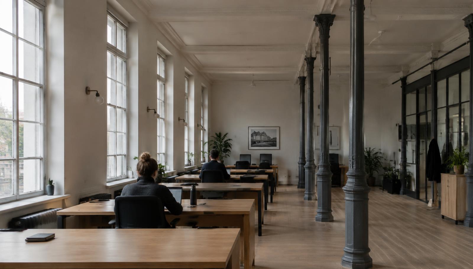 The long main room with cast iron columns, north facing windows and oak desks, two people working